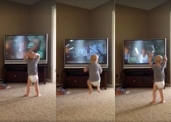 When Rocky raises his arms to his head, little Charlie does the same. The adorable toddler is also seen pretending to jump rope and lift weights.