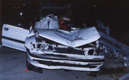 The wreck of Konstantin's wife's car, which she crashed in Sierra Blanca, Texas, in 1999 after falling asleep at the wheel.