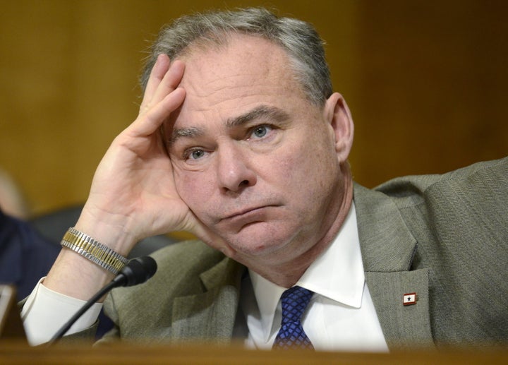 Senator Tim Kaine (D-VA), a member of the Senate Foreign Relations Committee, listens to remarks during hearings on "Corruption, Global Magnitsky and Modern Slavery - A Review of Human Rights Around the World", on Capitol Hill in Washington, July 16, 2015.