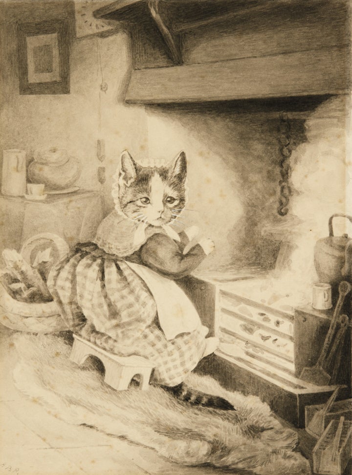 "Kitten Warming Her Paws by the Kitchen Fire," an 180-by-133 mm grisaille ink-and-watercolor drawing, signed with initials in the lower left corner, sold for £12,500 ($16,667).