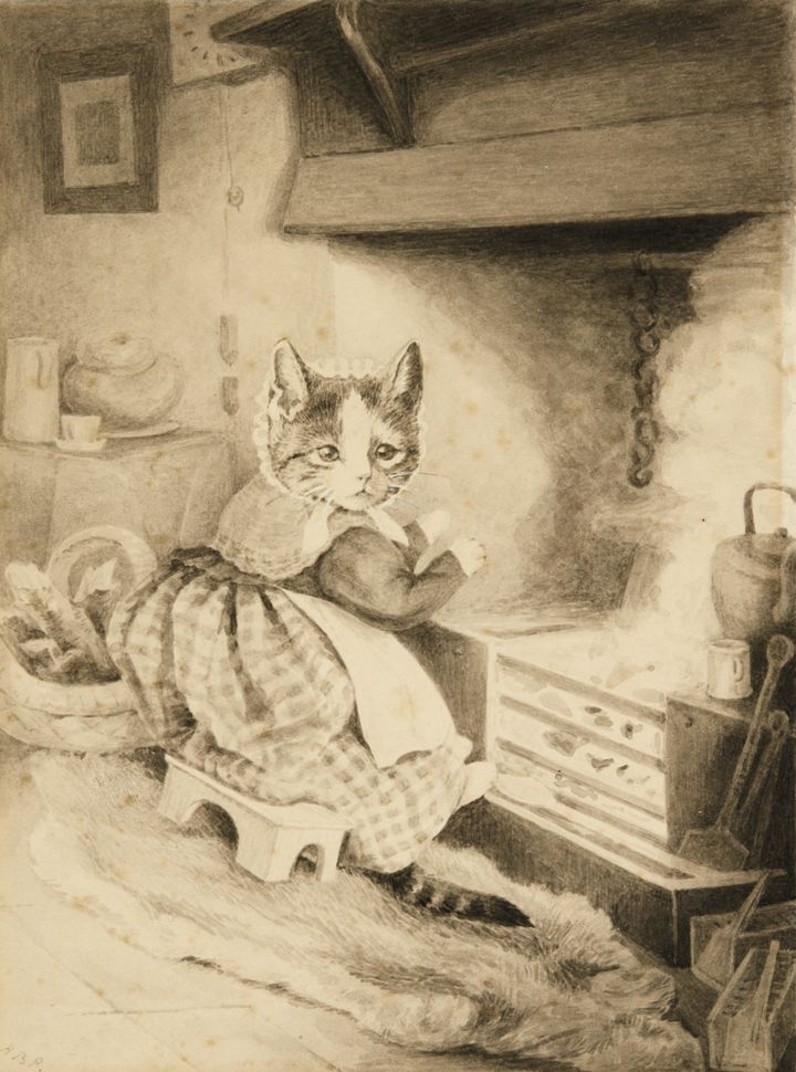 "Kitten Warming Her Paws by the Kitchen Fire," an 180-by-133 mm grisaille ink-and-watercolor drawing, signed with initials in the lower left corner, sold for £12,500 ($16,667).