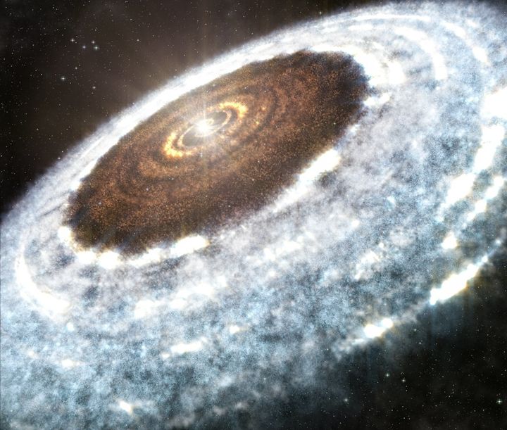An artist impression of the water snowline around the young star V883 Orionis.