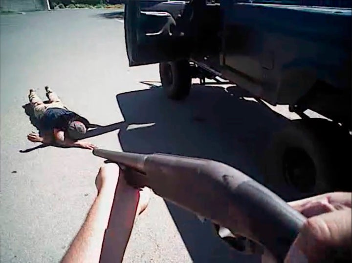 Image from officer's body camera shows Dylan Noble, 19, on the ground after he is shot by Fresno, California police officers.