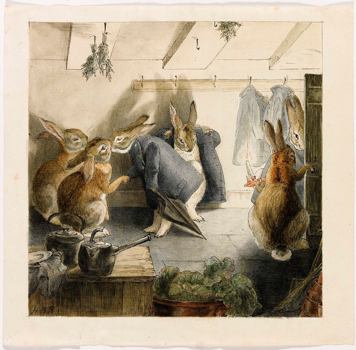 A handout image from Sotheby's auction house from its English Literature Sale shows Beatrix Potter's illustration for the final scene from "The Rabbits Christmas Party" which sold for a record £289,250 at auction July 17, 2008.