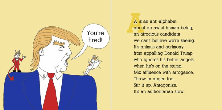 A page from D is for Dump Trump: An Anti-Hate Alphabet, an adult picture book condemning the presumptive GOP nominee.