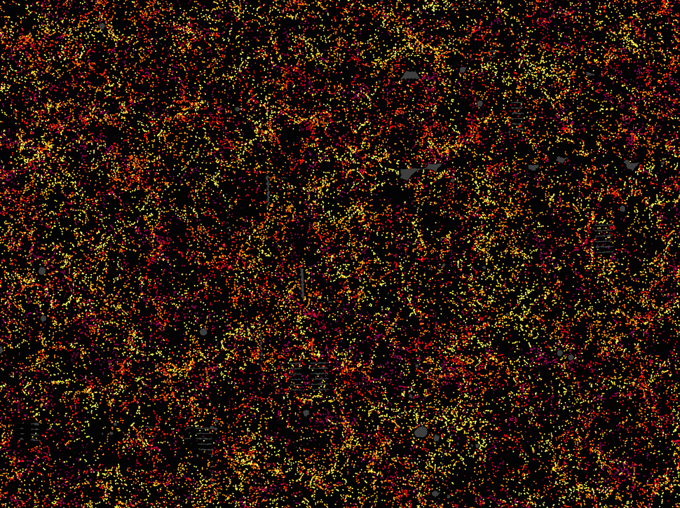 One slice through the new map. Each dot in the image, which covers about 1/20th of the sky, represents the position of a gala