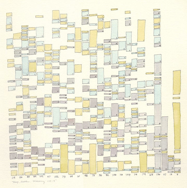 This 2011 drawing -- "Deep Awake Dreaming" -- shows Frick's husband's sleep data.