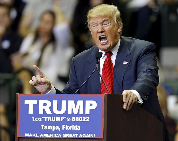 U.S. Republican presidential candidate Donald Trump speaks during a campaign stop in Tampa, Florida, on Feb. 12.