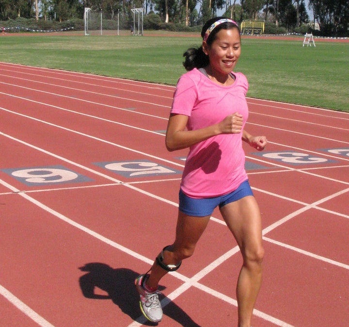 Hile and her carbon fiber orthotic, which has enabled her to continue running despite worsening MS symptoms.