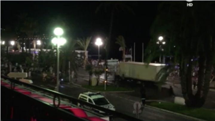 An image from a video shows the large truck as it plows through a crowd a people in Nice, France.