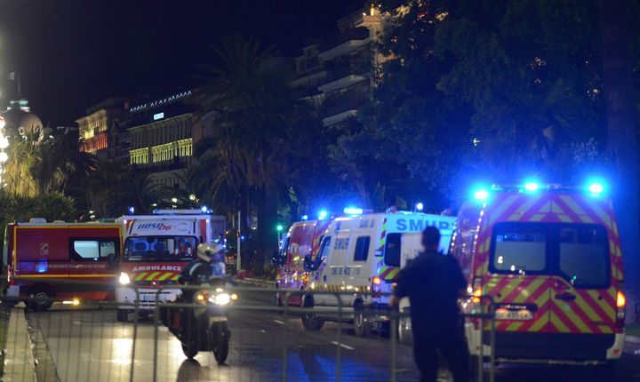 French police and rescue forces vehicles are seen on the Promenade des Anglais.