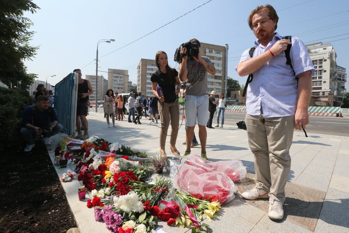 Flowers outside the French Embassy in Moscow commemorating victims of the 2016 terror attack in the French resort city of Nice.