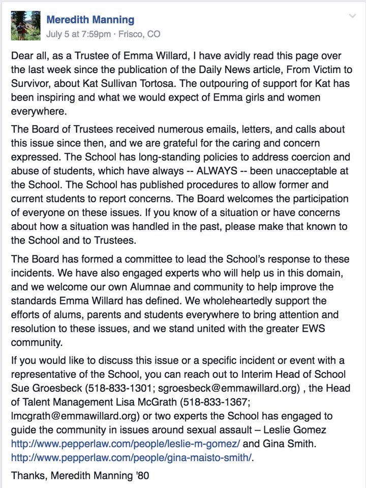 July 5th letter from EWS Alumna and Trustee Meredith Manning to the EWS Alumnae Against Sexual Assault Facebook group