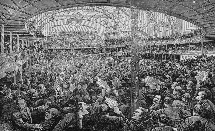 A crowd in Chicago's Auditorium Building during the 1888 Republican National Convention.