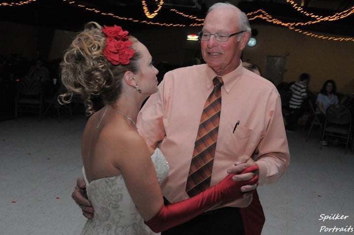 Trish at her second wedding, dancing with her ex-father-in-law.