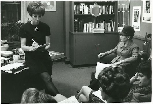 Helen Gurley Brown leading a Cosmopolitan editorial meeting in the 1960s.