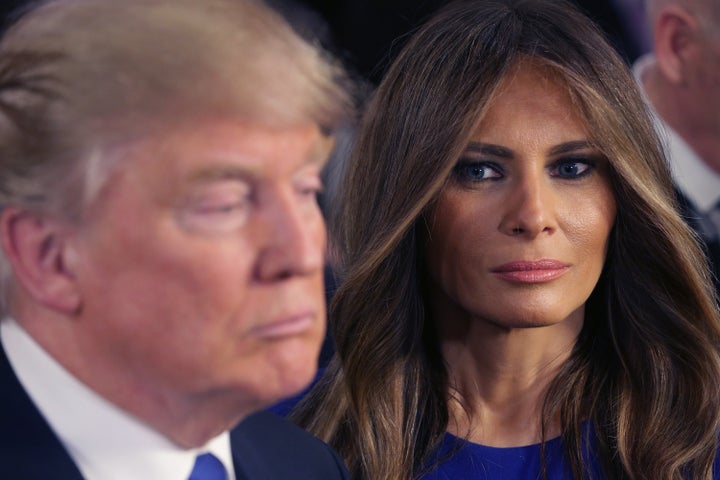 He'll debate his political rivals, but there's no debate in his marriage. Here, Donald Trump and his wife Melania greet reporters following a debate on March 3, 2016.