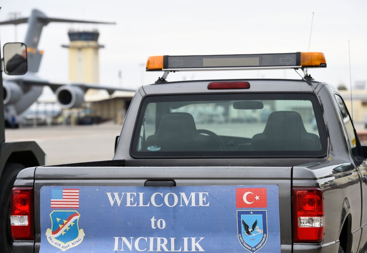 A service vehicle with a sign reading 'Welcome to Incirlik' is pictured at the air base in Incirlik, Turkey, January 21, 2016.