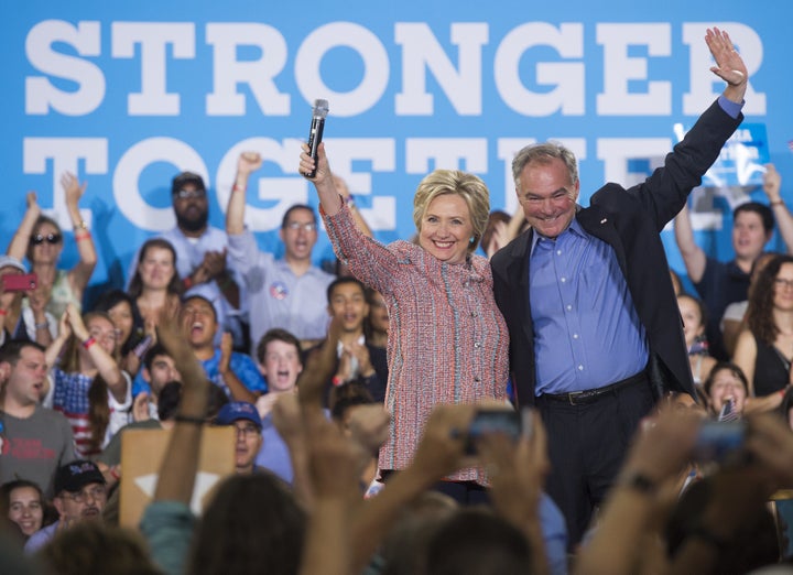 Tim Kaine (right), appearing here at a Clinton campaign event, is widely considered the leading candidate for the Democratic vice-presidential nominee.