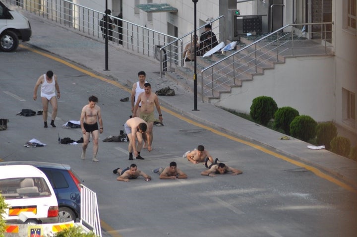 Turkish soldiers,&nbsp;accused of having links to Friday's failed coup, strip down to their underpants while being taken into