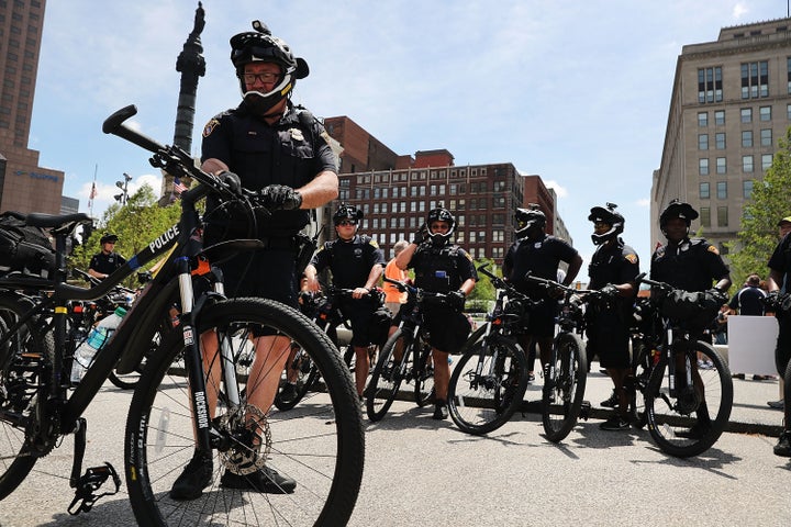 Cleveland police patrol in downtown ahead of the Republican National Convention on July 17, 2016 in Cleveland, Ohio.