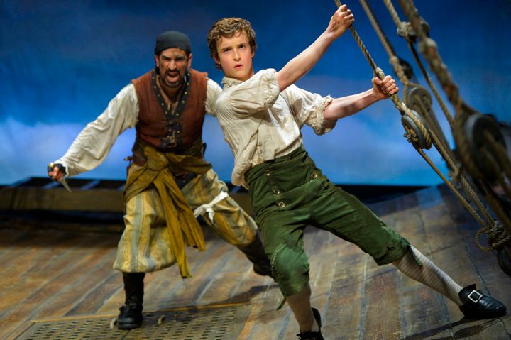 Demetrios Troy as Israel Hands and John Babbo as Jim Hawkins in a scene from Treasure Island