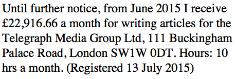 <strong>The Register of Members' Interests reveals his payments from The Telegraph</strong>