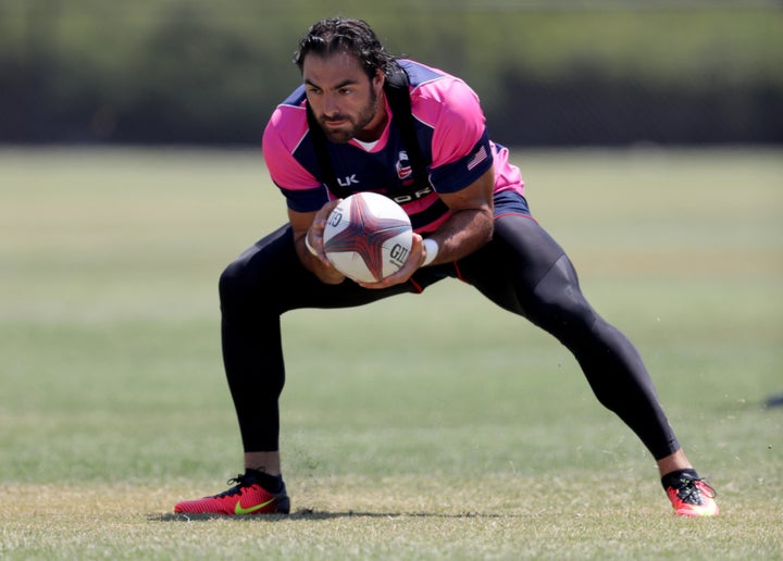 Nate Ebner catches a ball during a training session at the Olympic Training Center in Chula Vista, California, on July 14, 20