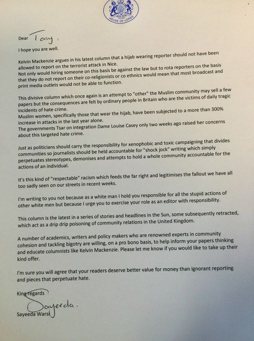 The letter issued by Warsi to Sun editor Tony Gallagher