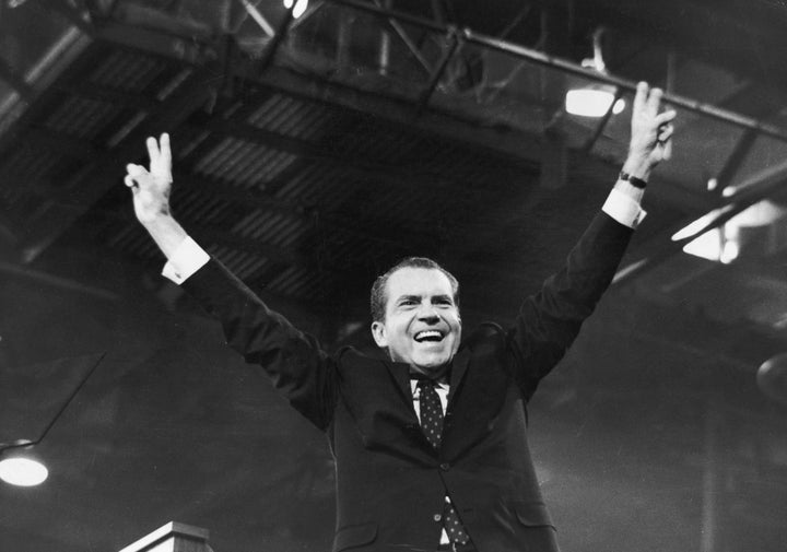 Richard Nixon celebrates after receiving the presidential nomination at the Republican National Convention in Miami in 1968.