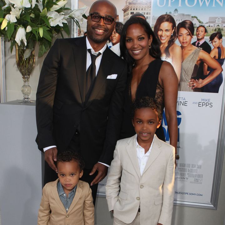 Salim Akil alongside Mara Brock Akil and children during the Los Angeles premiere of "Jumping The Broom" in 2011.