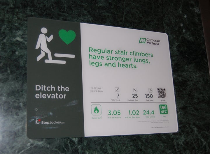 A sign at Huntsville Hospital in Alabama encouraging people to <a href="https://www.huffpost.com/entry/hospital-staff-wellness-programs_n_56b38916e4b04f9b57d8b3a1" role="link" class=" js-entry-link cet-internal-link" data-vars-item-name="take the stairs" data-vars-item-type="text" data-vars-unit-name="578d24e1e4b0a0ae97c2f04e" data-vars-unit-type="buzz_body" data-vars-target-content-id="https://www.huffpost.com/entry/hospital-staff-wellness-programs_n_56b38916e4b04f9b57d8b3a1" data-vars-target-content-type="buzz" data-vars-type="web_internal_link" data-vars-subunit-name="article_body" data-vars-subunit-type="component" data-vars-position-in-subunit="5">take the stairs</a>.