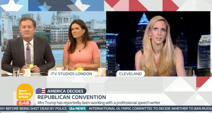 Ann Coulter (right) told Piers Morgan and Susanna Reid that tennis balls are more dangerous than firearms.