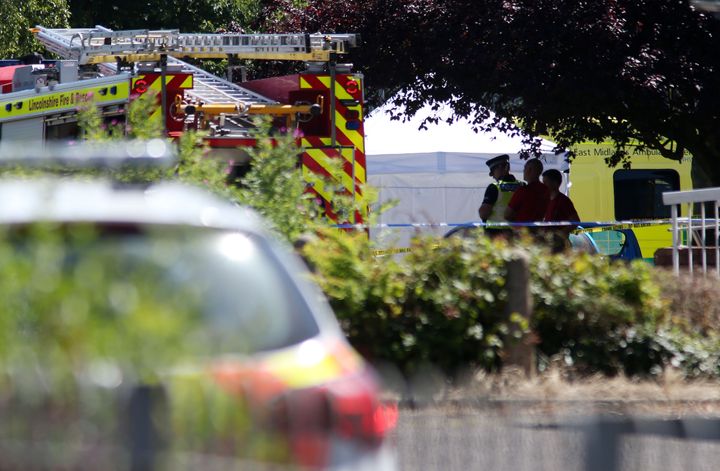 <strong>Emergency services at the scene near Castle Swimming Pool in Spalding, Lincolnshire</strong>