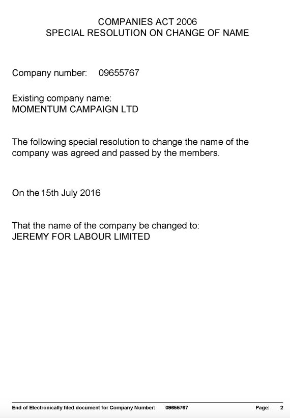The Companies House document showing Momentum Campaign Ltd is now Jeremy For Labour Ltd