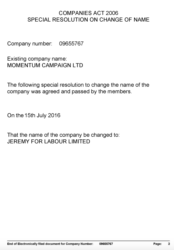 The Companies House document showing Momentum Campaign Ltd is now Jeremy For Labour Ltd