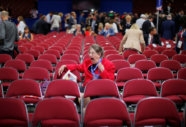 A delegate yawns prior to the start of the evening portion of the Republican National Convention in Cleveland, Ohio, U.S. Jul