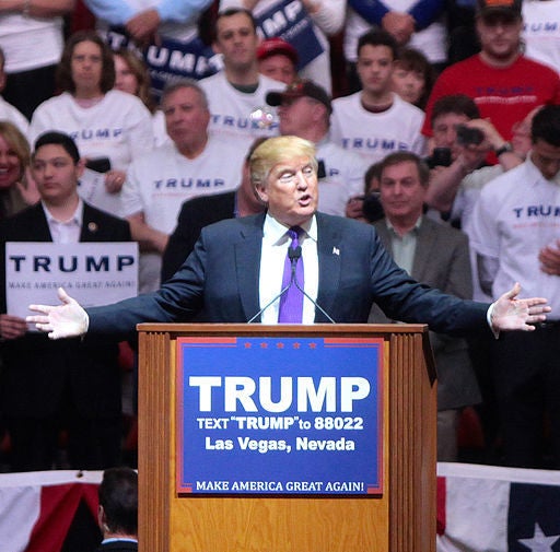 Donald Trump speaking with supporters at a campaign rally at the South Point Arena in Las Vegas, Nevada in 2016. 