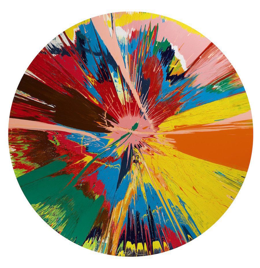 Damien Hirst, "Beautiful, Shattering, Slashing, Violent, Pinky, Hacking, Sphincter Painting," 1995 Household gloss on canvas