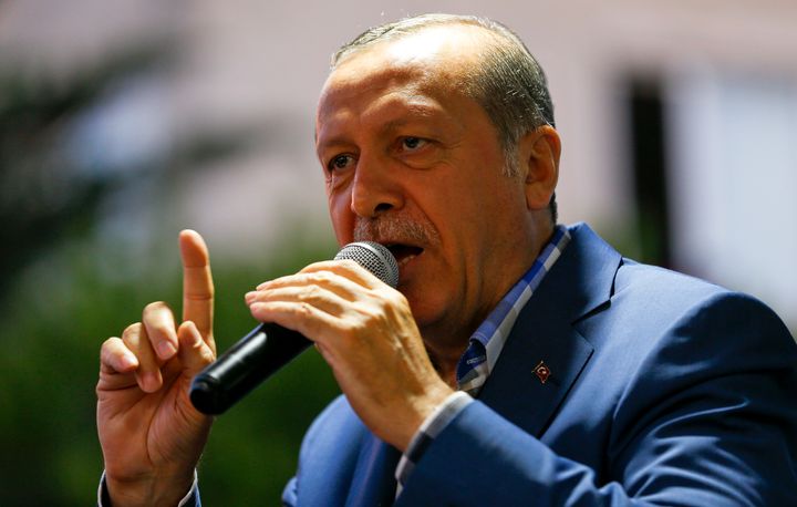 Turkish President Recep Tayyip Erdogan delivers a speech to his supporters in Istanbul on July 16. 