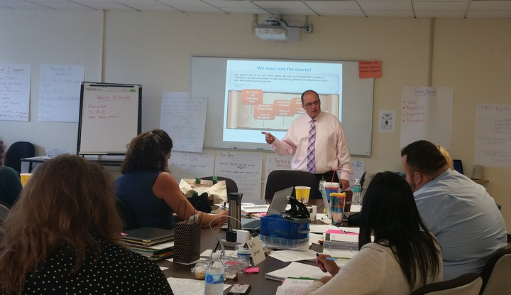 Eric Gordon, the CEO of Cleveland Metropolitan School District, talks to aspiring principals about the history of the Cleveland Plan, a massive effort to reform the city’s schools.