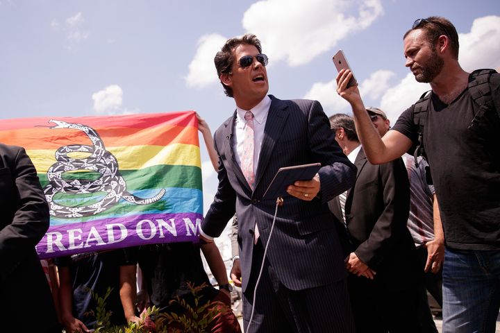 Milo Yiannopoulos (centre) speaking at a press conference down the street from the Pulse Nightclub, June 15, 2016.