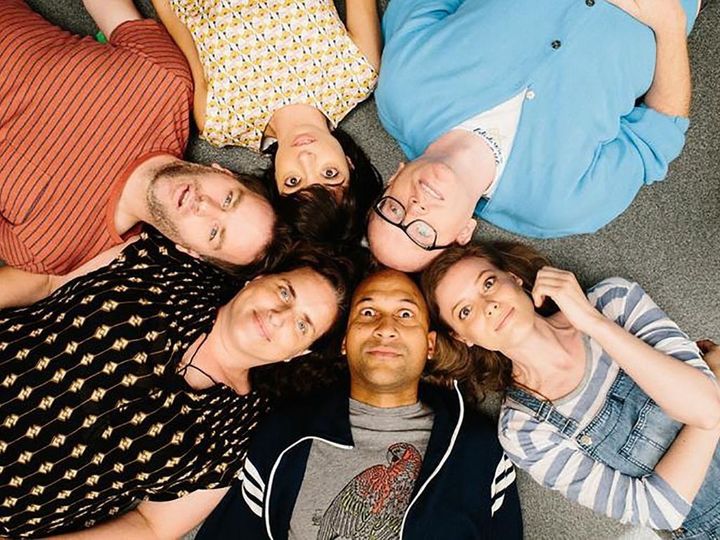 Tami Sagher, bottom left in print dress, and the rest of the Don't Think Twice cast.