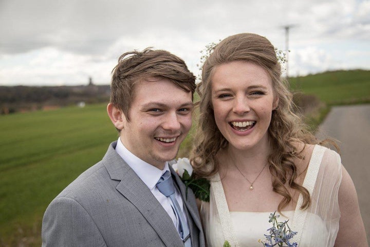 The bride is a nurse and the groom works in sales.