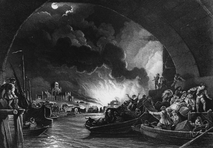 A view from a painting of the great fire of London, as seen from the Thames
