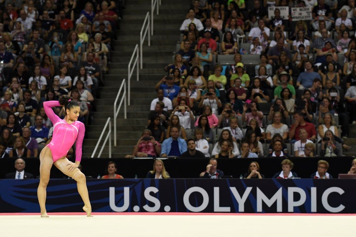 Laurie Hernandez during a floor exercise at the women's Olympic gymnastics trials.