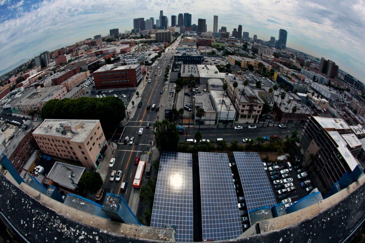 Solar panels in a parking lot near downtown Los Angeles, California.