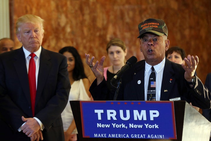 Former Marine Al Baldasaro speaks alongside GOP nominee Donald Trump on May 31, 2016 in New York City.