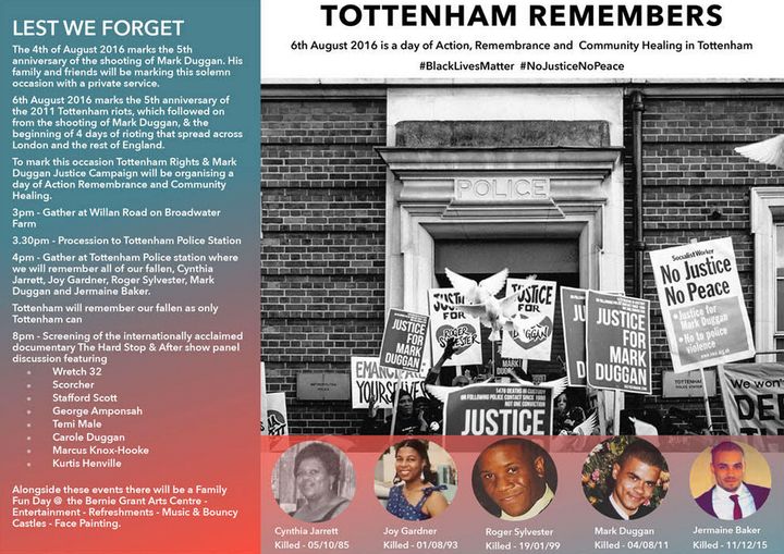 A poster for the Tottenham Remembers event on August 6
