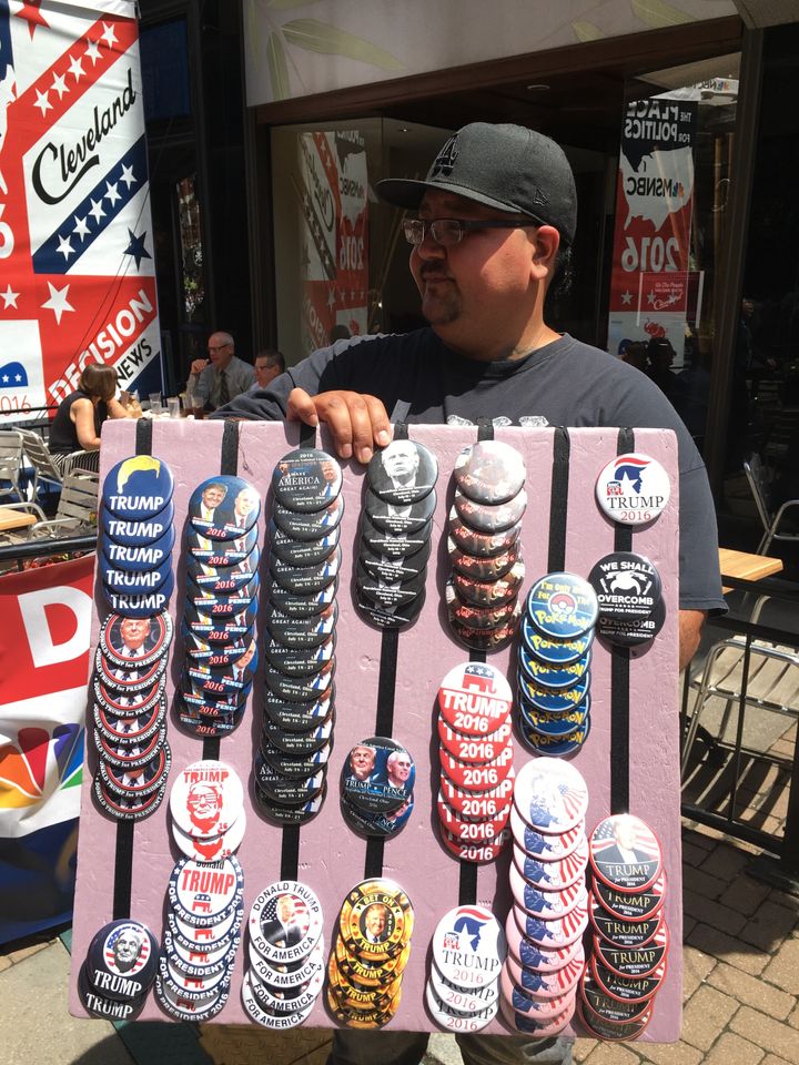 Juan Valdez of Colorado sells buttons outside the Republican National Convention in Cleveland on Monday.